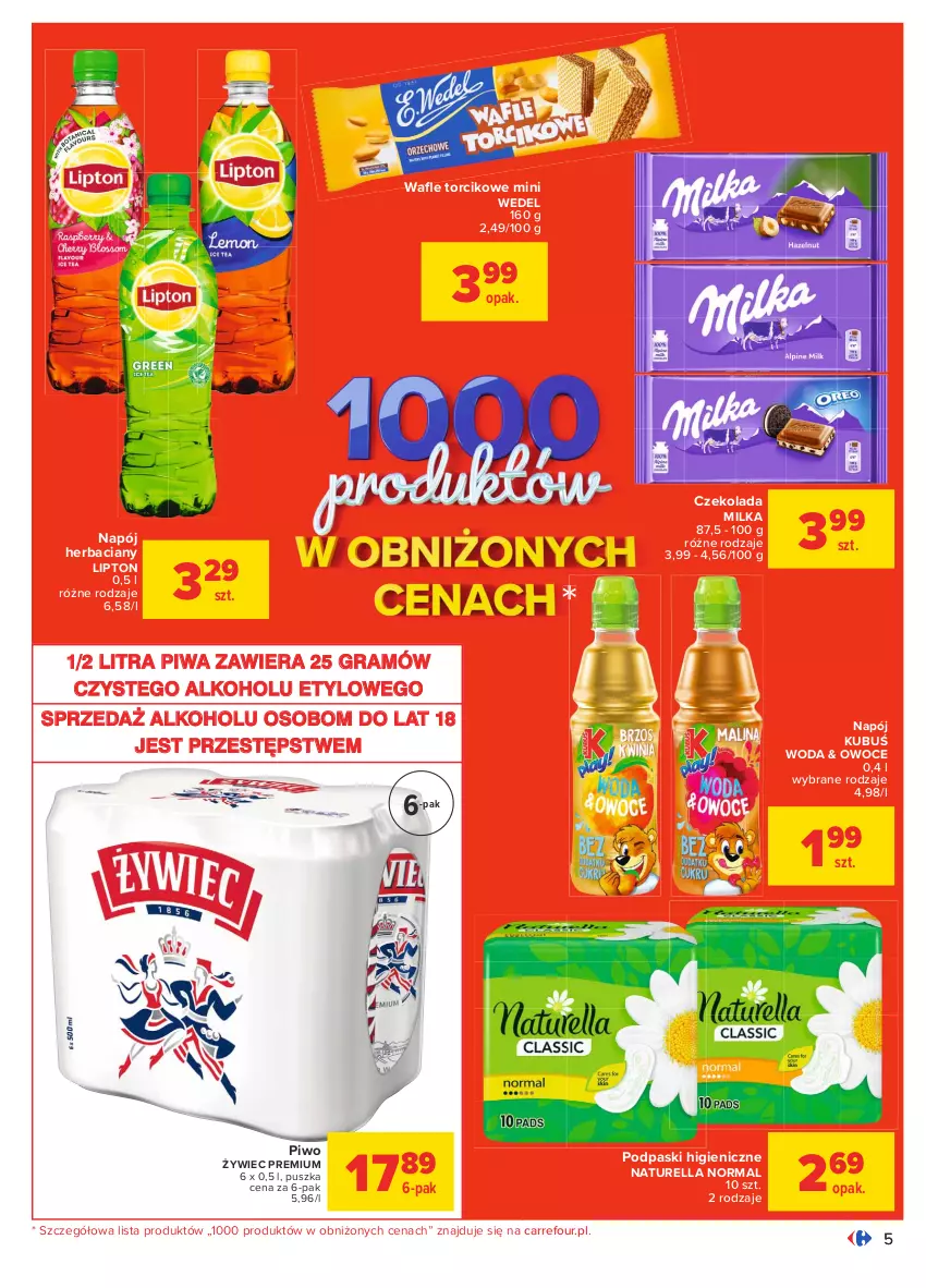 Gazetka promocyjna Carrefour - Gazetka Carrefour - ważna 01.03 do 13.03.2021 - strona 5 - produkty: Czekolada, Gra, Kubuś, Lipton, Milka, Napój, Naturell, Naturella, Owoce, Piwa, Piwo, Podpaski, Woda