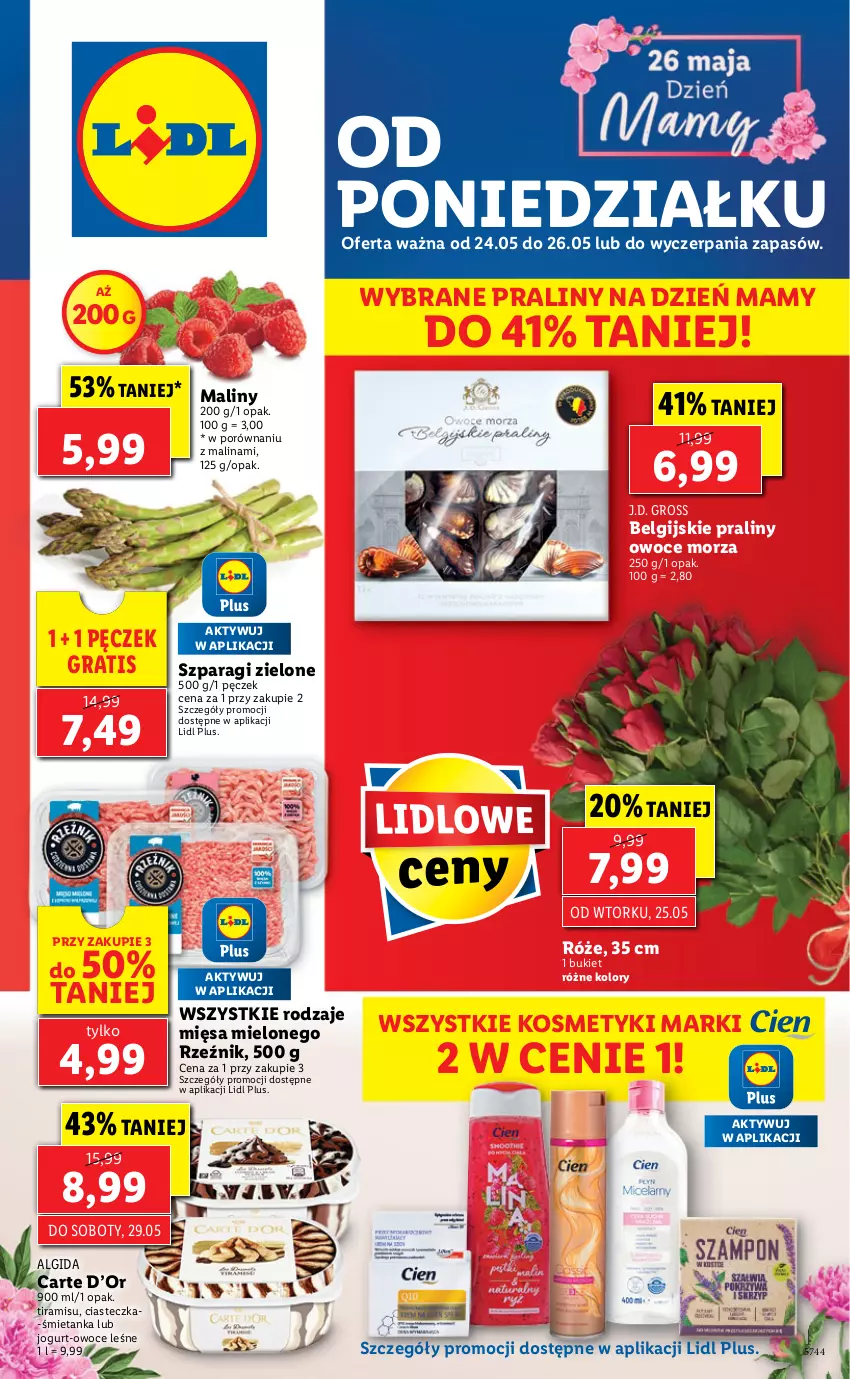 Gazetka promocyjna Lidl - GAZETKA - ważna 24.05 do 26.05.2021 - strona 1 - produkty: Algida, Bukiet, Gra, Jogurt, LG, Maliny, Owoce, Owoce morza, Por, Praliny