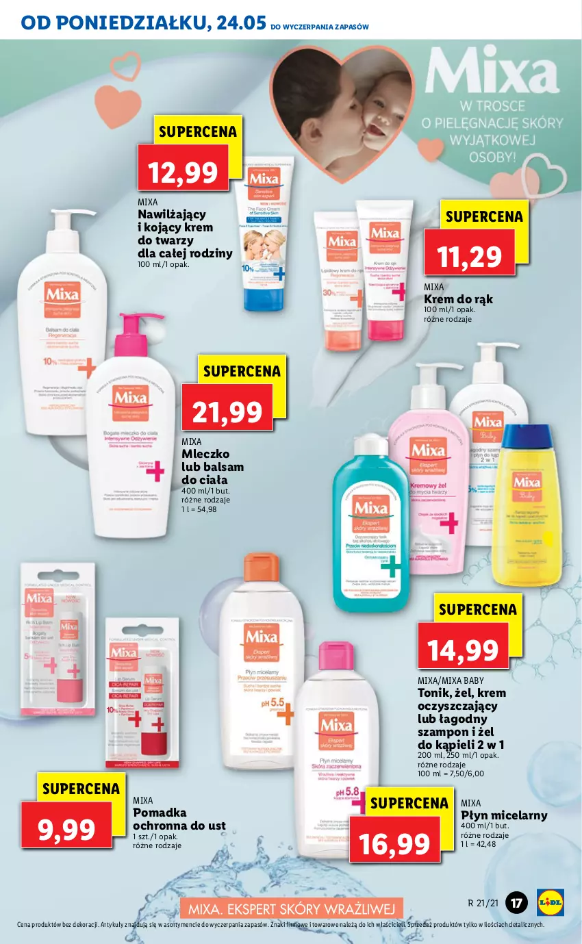 Gazetka promocyjna Lidl - GAZETKA - ważna 24.05 do 26.05.2021 - strona 17 - produkty: Balsam do ciała, Krem do rąk, Krem do twarzy, Mixa, Mleczko, Płyn micelarny, Szampon, Tonik