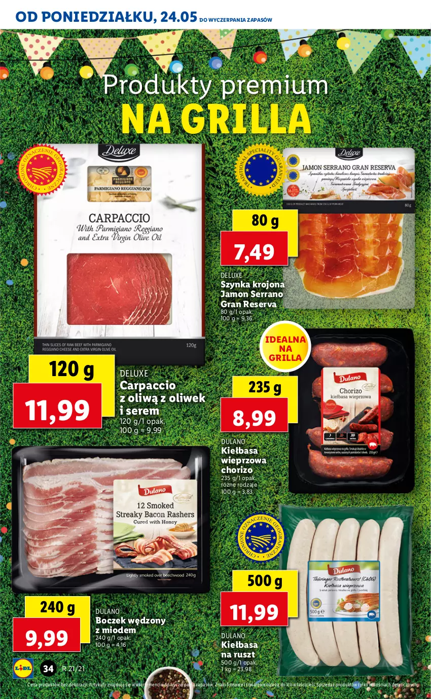 Gazetka promocyjna Lidl - GAZETKA - ważna 24.05 do 26.05.2021 - strona 34 - produkty: Boczek, Carpaccio, Dulano, Gra, Grill, Kiełbasa, Ser, Szynka