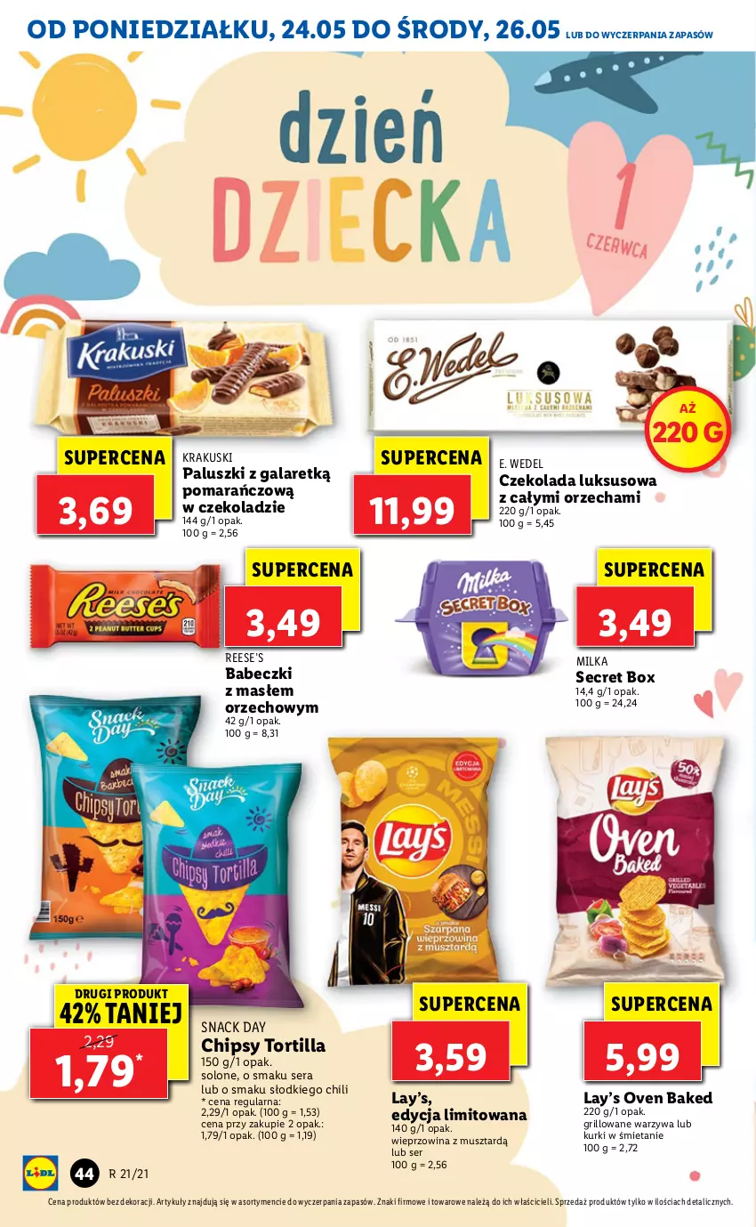 Gazetka promocyjna Lidl - GAZETKA - ważna 24.05 do 26.05.2021 - strona 44 - produkty: Babeczki, Chipsy, Czekolada, E. Wedel, Gala, Grill, Krakus, Krakuski, Lay’s, Milka, Mus, Ser, Tortilla, Warzywa, Wieprzowina