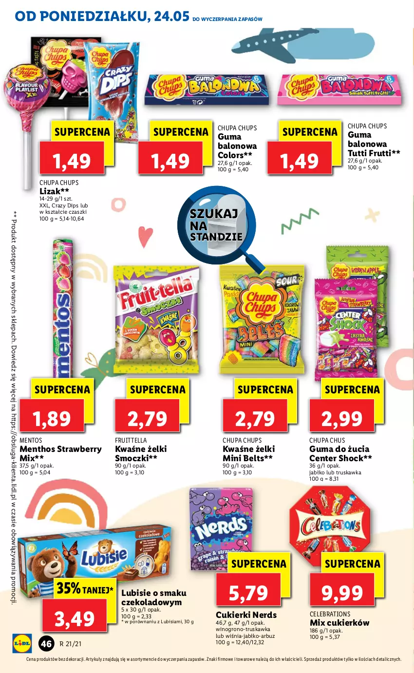 Gazetka promocyjna Lidl - GAZETKA - ważna 24.05 do 26.05.2021 - strona 46 - produkty: Arbuz, Chupa Chups, Cukier, Cukierki, Guma do żucia, Lubisie, Mentos, Por, Wino