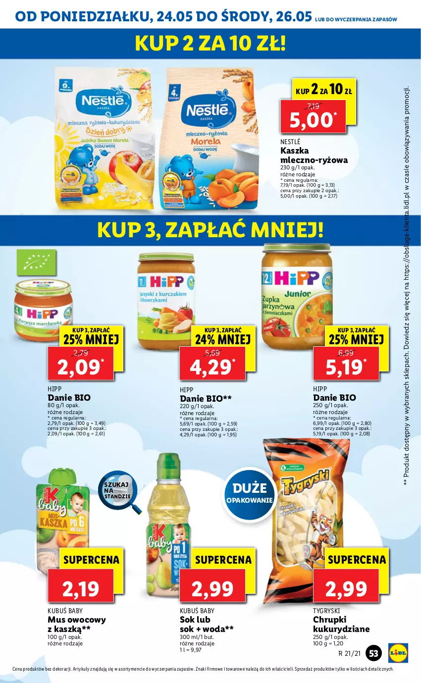 Gazetka promocyjna Lidl - GAZETKA - ważna 24.05 do 26.05.2021 - strona 53 - produkty: Chrupki, Gry, HiPP, Kubuś, Mus, Nestlé, Ryż, Sok, Woda