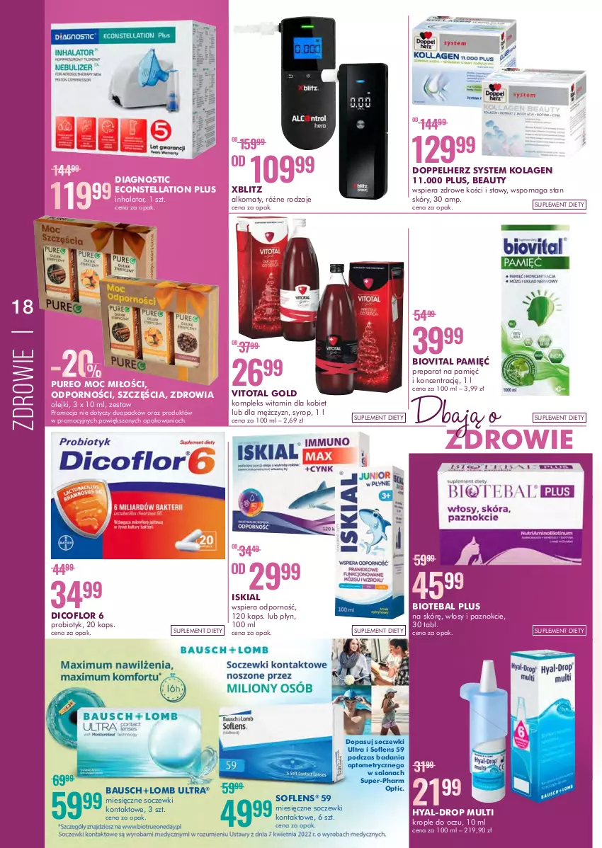 Gazetka promocyjna Super Pharm - Gazetka - ważna 28.11 do 12.12.2022 - strona 18 - produkty: Alkomat, BIOTEBAL, Biovital, Dicoflor, Doppelherz, Inhalator, Iskial, Kolagen, Krople do oczu, Olej, Por, Probiotyk, Pur, Soczewki kontaktowe, Syrop, Xblitz, Zdrowie