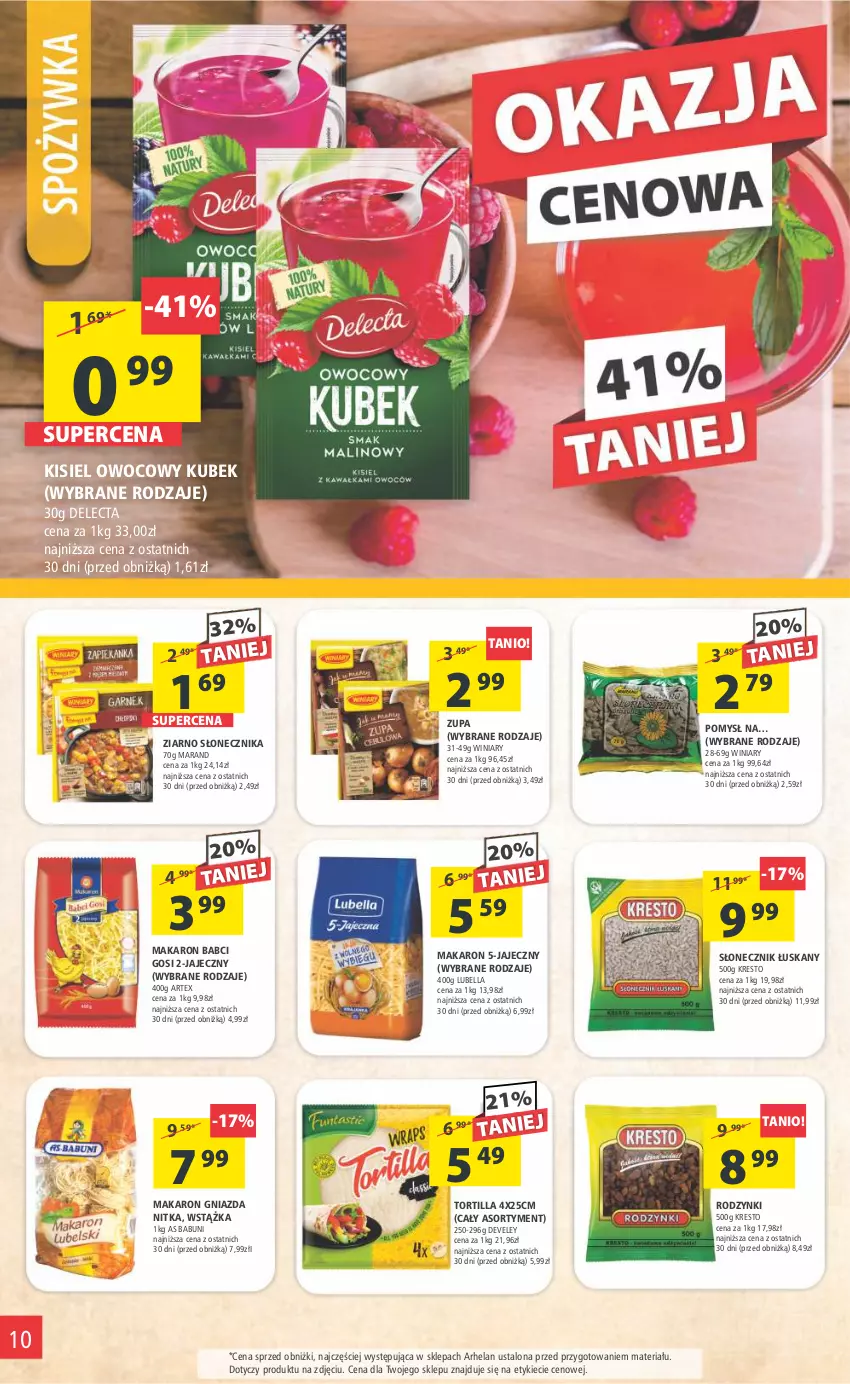 Gazetka promocyjna Arhelan - Gazetka - ważna 27.01 do 05.02.2023 - strona 10 - produkty: Babuni, Bell, Bella, Delecta, Kisiel, Kubek, Lubella, Makaron, Rodzynki, Tortilla, Winiary, Wstążka, Zupa