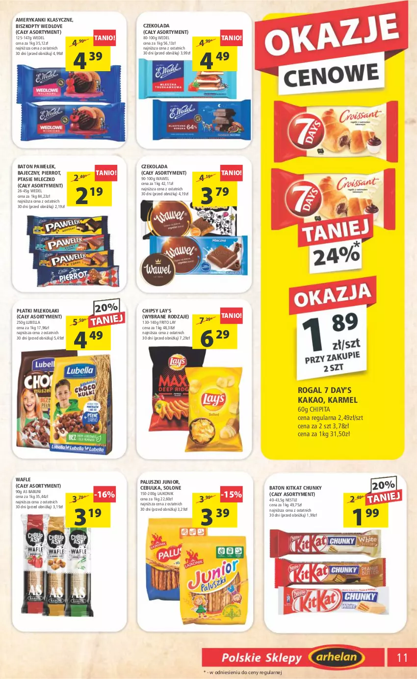 Gazetka promocyjna Arhelan - Gazetka - ważna 27.01 do 05.02.2023 - strona 11 - produkty: Babuni, Baton, Bell, Bella, Biszkopty, Chipsy, Czekolada, Kakao, Lajkonik, Lubella, Mleczko, Mleko, Ptasie mleczko, Rogal, Wafle, Wawel