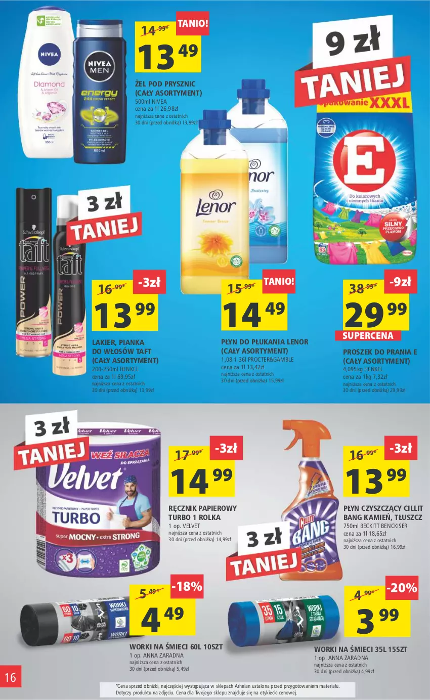 Gazetka promocyjna Arhelan - Gazetka - ważna 27.01 do 05.02.2023 - strona 16 - produkty: Cillit Bang, Lakier, Lenor, Nivea, Papier, Pianka do włosów, Płyn do płukania, Proszek do prania, Ręcznik, Ser, Taft, Velvet, Worki na śmiec, Worki na śmieci