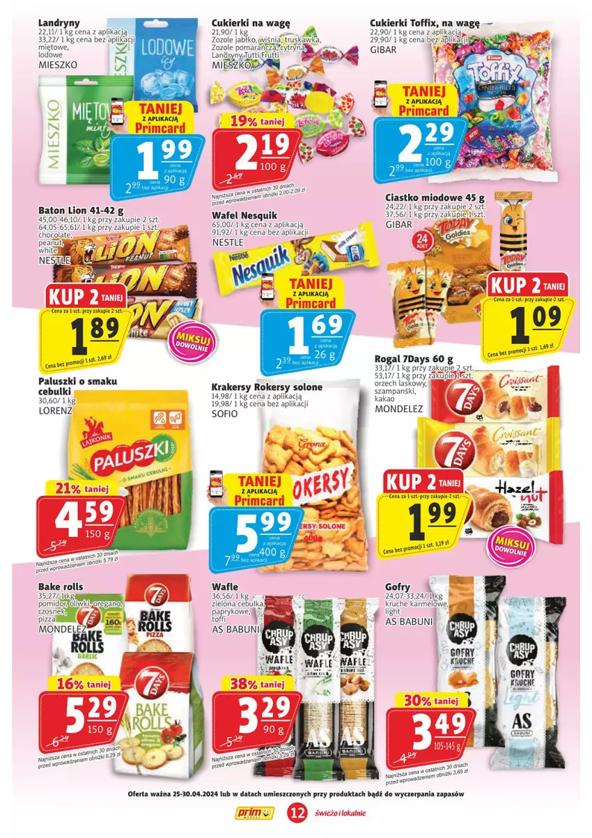 Gazetka promocyjna Prim Market - ważna 25.04 do 30.04.2024 - strona 12 - produkty: Babuni, Bake Rolls, Cukier, Cukierki, Gofry, Kakao, Krakersy, Lorenz, Nesquik, Oliwki, Por, Ser, Wafle