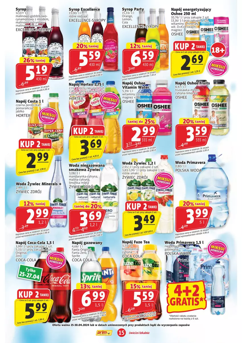 Gazetka promocyjna Prim Market - ważna 25.04 do 30.04.2024 - strona 15 - produkty: Coca-Cola, Fa, Fanta, Gin, Hortex, Magnez, Melon, Mięta, Napój, Napój gazowany, Noż, Oshee, Por, Prima, Primavera, Sprite, Syrop, Syropy, Woda