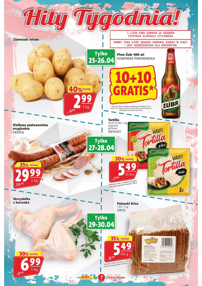 Gazetka promocyjna Prim Market - ważna 25.04 do 30.04.2024 - strona 7 - produkty: Gin, Gra, Grill, Kiełbasa, Kiełbasa podwawelska, Kurczak, Pekpol, Piec, Piwa, Skrzydełka z kurczaka, Tortilla, Wawel, Ziemniaki