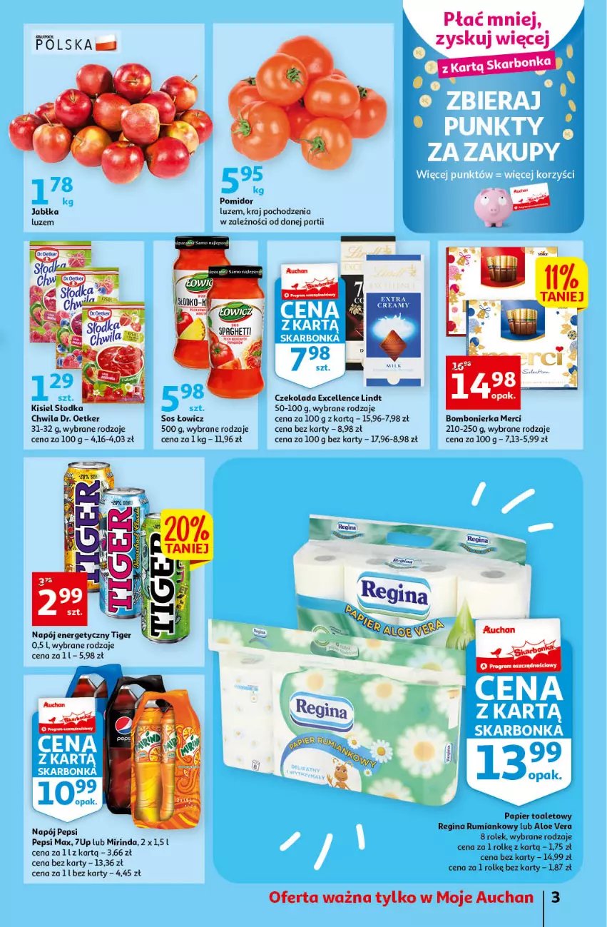 Gazetka promocyjna Auchan - Gazetka Koszyk Oszczędności Moje Auchan - ważna 19.01 do 25.01.2023 - strona 3 - produkty: 7up, Aloe vera, Czekolada, Dr. Oetker, Gin, Jabłka, Kisiel, Lindt, Merci, Mirinda, Napój, Napój energetyczny, Papier, Papier toaletowy, Pepsi, Pepsi max, Rum, Sos, Spaghetti, Tiger