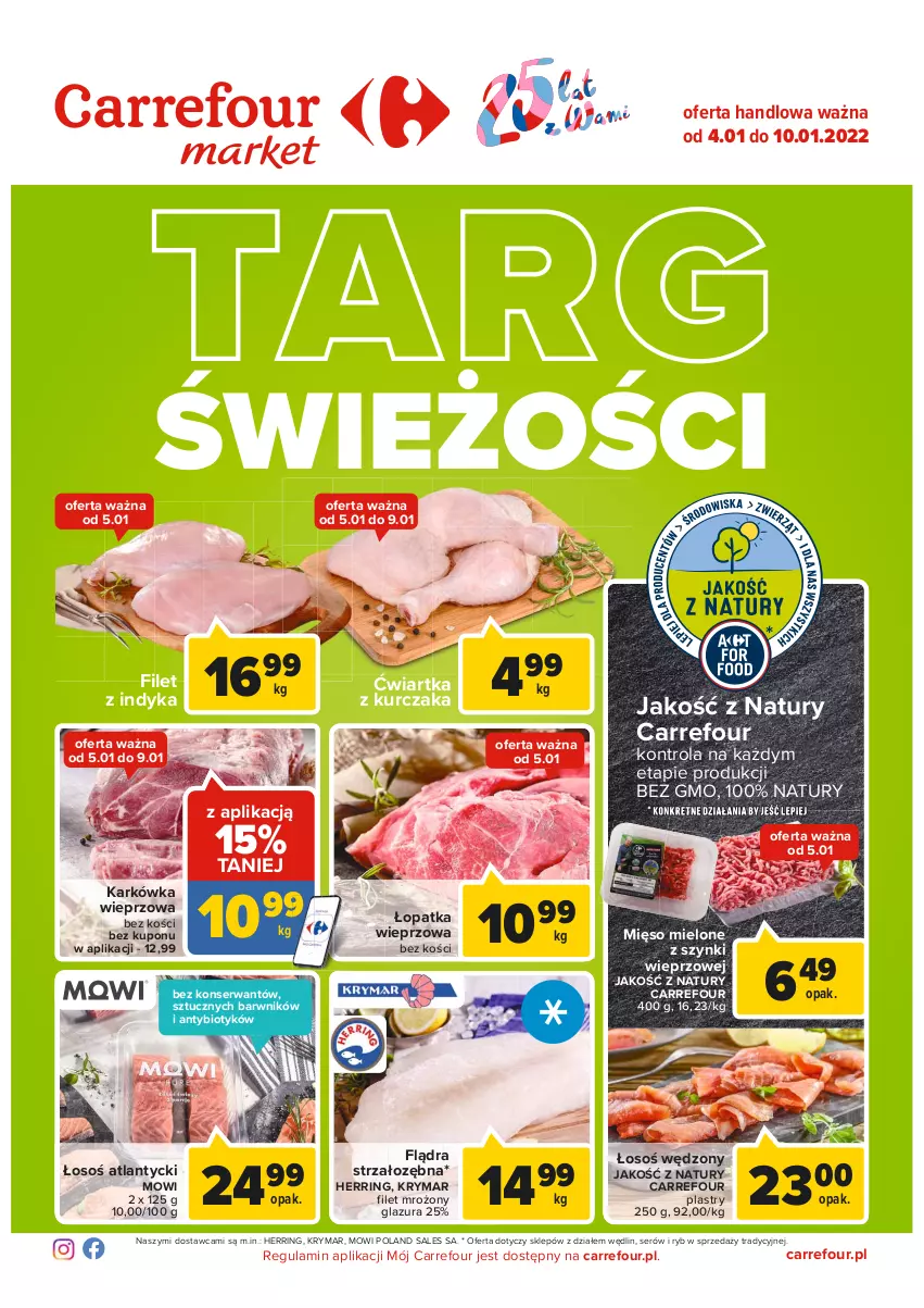 Gazetka promocyjna Carrefour - Gazetka Market Targ świeżości - ważna 04.01 do 10.01.2022 - strona 1 - produkty: Glazura, Karkówka wieprzowa, Kurczak, Lazur, Mięso, Mięso mielone, Mięso mielone z szynki, Ser