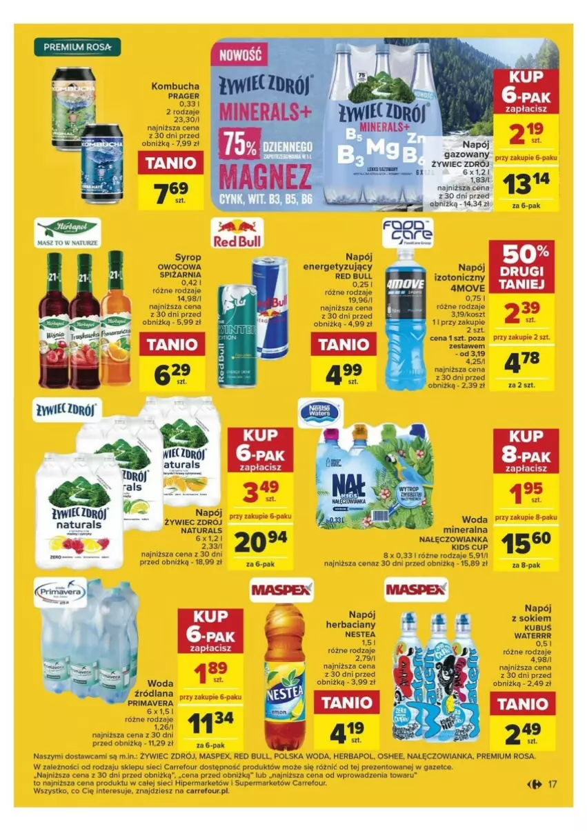 Gazetka promocyjna Carrefour - ważna 09.01 do 20.01.2024 - strona 11 - produkty: Herbapol, Kosz, Kubuś, Kubuś Waterrr, Nałęczowianka, Napój, Napój izotoniczny, Oshee, Red Bull, Sok, Syrop, Woda