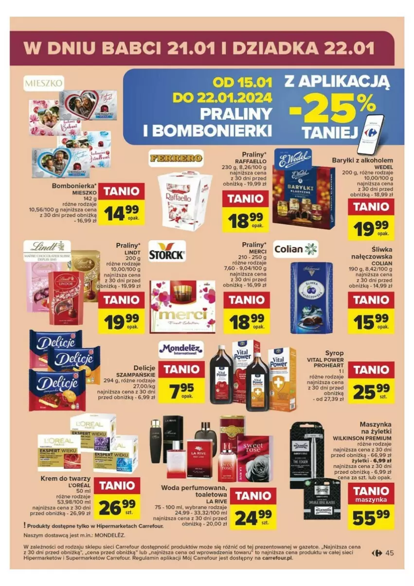 Gazetka promocyjna Carrefour - ważna 09.01 do 20.01.2024 - strona 42 - produkty: Alkohole, Baryłki, Delicje, Krem do twarzy, Maszynka, Perfum, Praliny, Saska, Szynka, Woda, Woda perfumowana