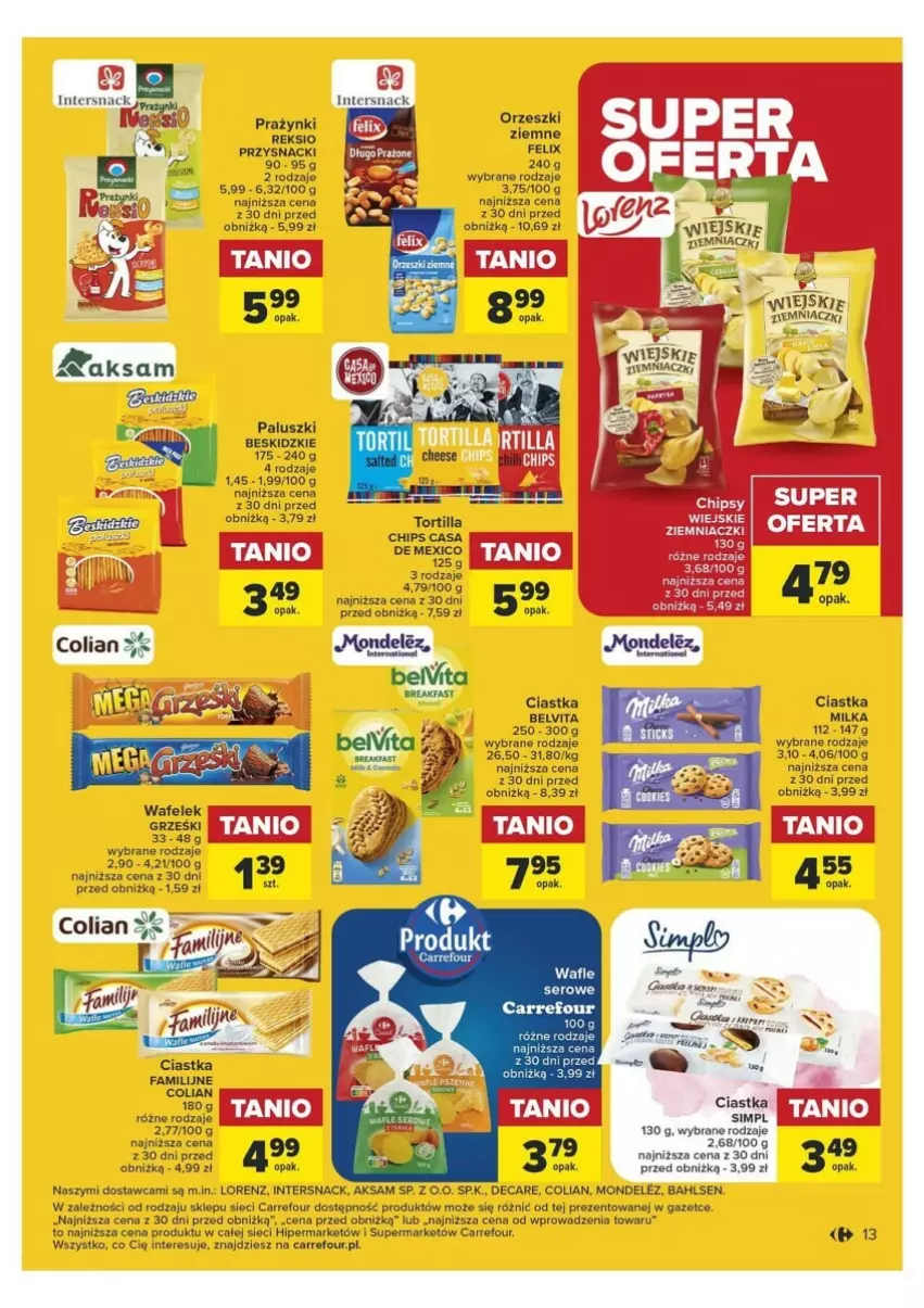 Gazetka promocyjna Carrefour - ważna 09.01 do 20.01.2024 - strona 7 - produkty: Aksam, BelVita, Beskidzki, Ciastka, Fa, Felix, Grześki, Lorenz, Milka, Orzeszki, Por, Przysnacki, Tortilla, Tortilla Chips, Wafelek