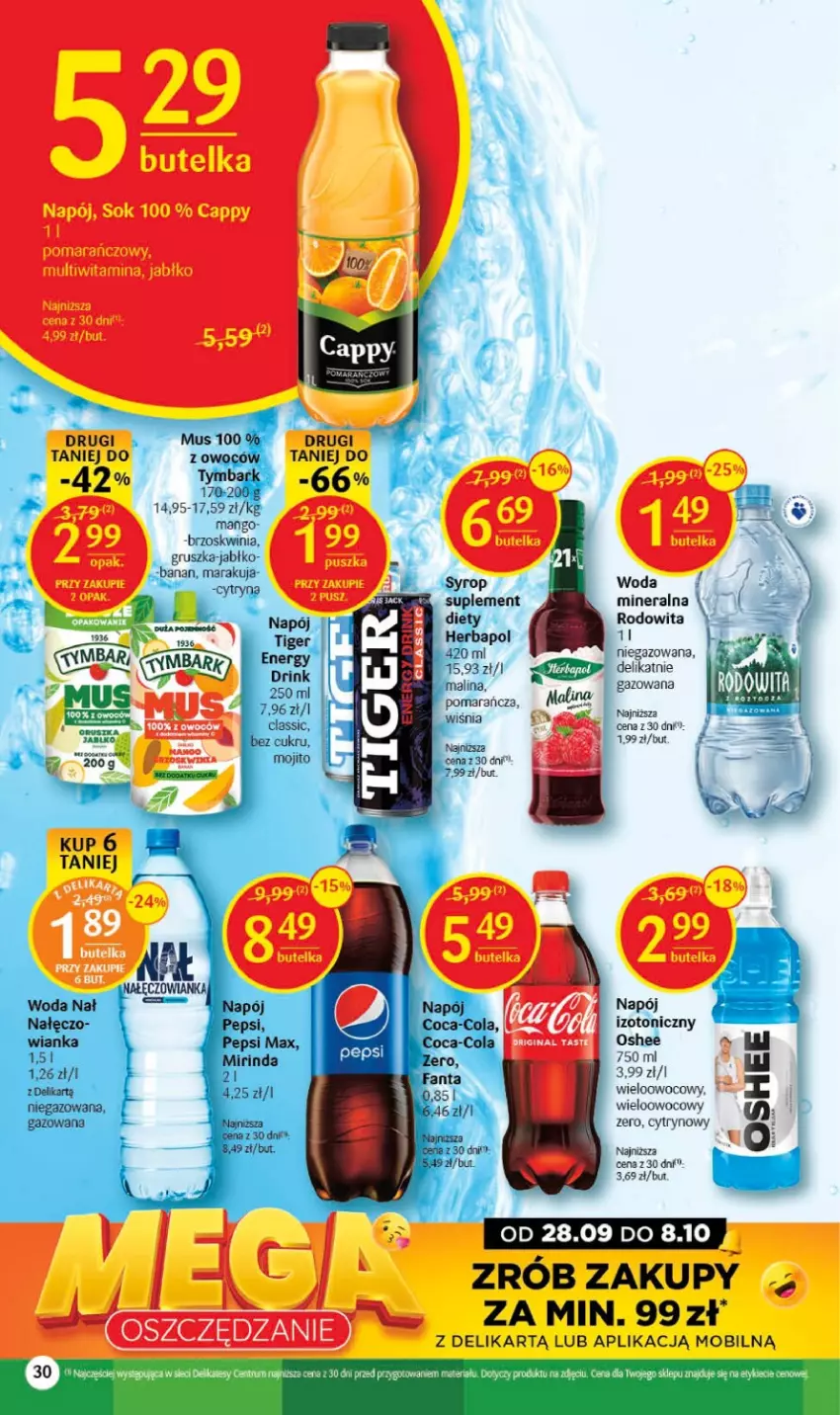 Gazetka promocyjna Delikatesy Centrum - Gazetka DC38 czw-sr - ważna 28.09 do 04.10.2023 - strona 30 - produkty: Cappy, Coca-Cola, Fa, Fanta, Mango, Mirinda, Mobil, Mus, Nałęczowianka, Napój, Oshee, Pepsi, Pepsi max, Sok, Syrop, Tymbark, Woda