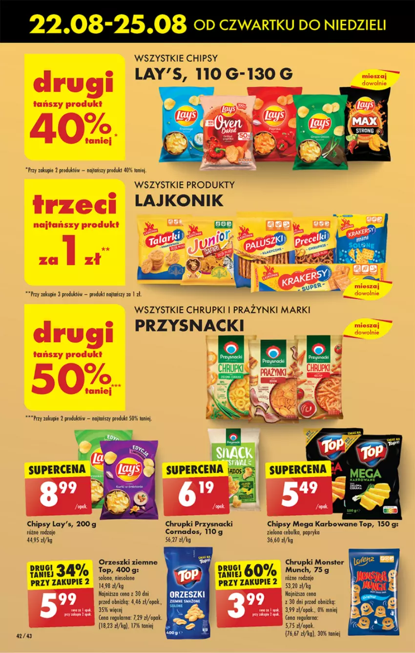 Gazetka promocyjna Biedronka - Od czwartku - ważna 22.08 do 28.08.2024 - strona 46 - produkty: Chipsy, Chrupki, Lajkonik, Orzeszki, Orzeszki ziemne, Papryka, Przysnacki, Top