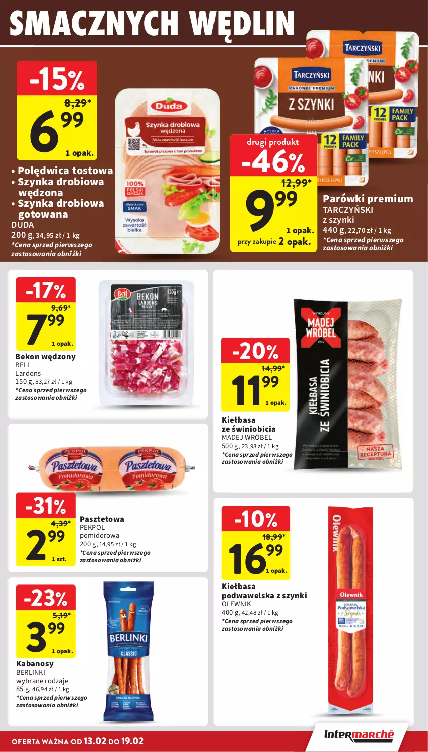 Gazetka promocyjna Intermarche - Gazetka Intermarche - ważna 13.02 do 19.02.2025 - strona 21 - produkty: Beko, Bell, Berlinki, BIC, Duda, Kabanos, Kiełbasa, Kiełbasa podwawelska, Madej Wróbel, Olewnik, Parówki, Pasztet, Pekpol, Polędwica, Szynka, Tarczyński, Wawel