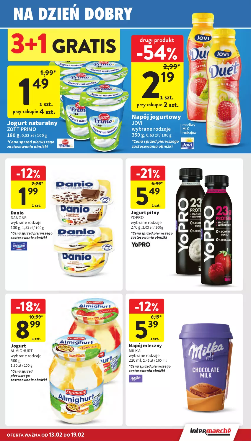 Gazetka promocyjna Intermarche - Gazetka Intermarche - ważna 13.02 do 19.02.2025 - strona 25 - produkty: Danio, Danone, Gra, Jogurt, Jogurt naturalny, Jogurt pitny, Milka, Napój, Napój jogurtowy, Napój mleczny, Zott, Zott Primo