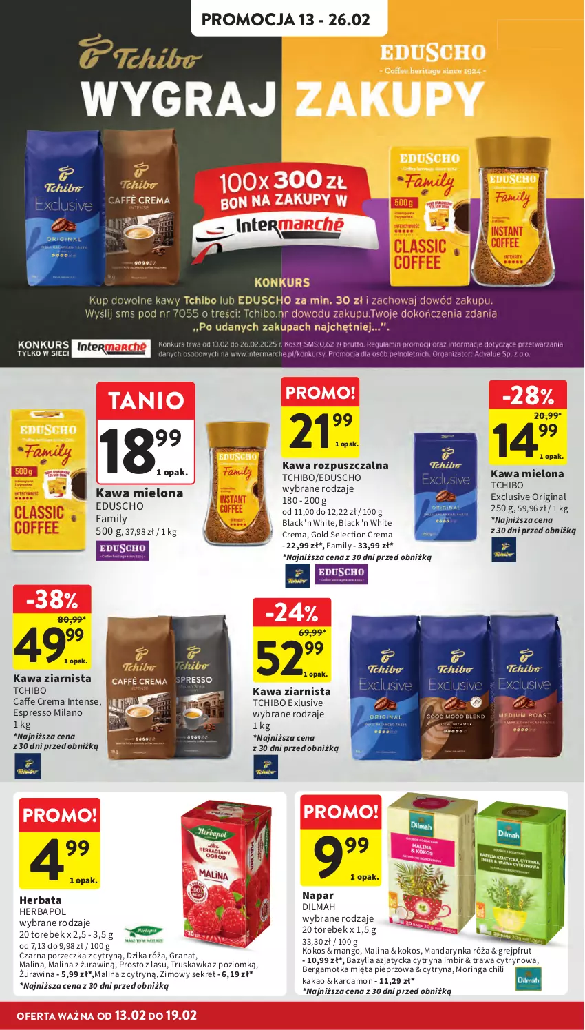 Gazetka promocyjna Intermarche - Gazetka Intermarche - ważna 13.02 do 19.02.2025 - strona 26 - produkty: Bazyl, Bazylia, Dilmah, Dzika róża, Fa, Gin, Gra, Granat, Grejpfrut, Herbapol, Herbata, Imbir, Kakao, Kawa, Kawa mielona, Kawa rozpuszczalna, Kawa ziarnista, Kokos, Kret, Lack, Mango, Mięta, Pieprz, Por, Róża, Tchibo