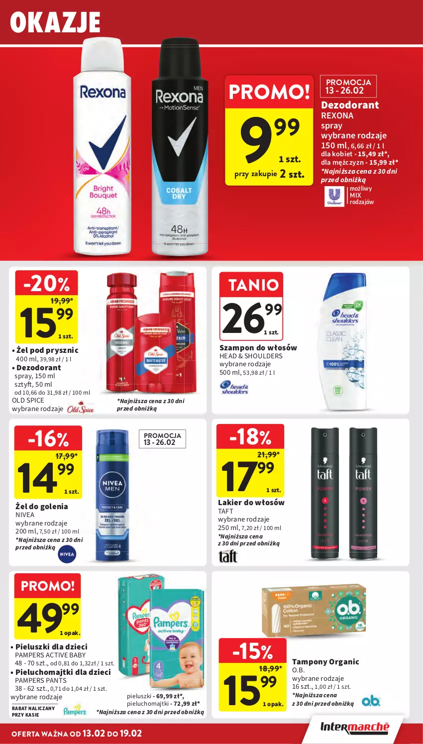 Gazetka promocyjna Intermarche - Gazetka Intermarche - ważna 13.02 do 19.02.2025 - strona 33 - produkty: Dezodorant, Dzieci, Lakier, Lakier do włosów, Majtki, Nivea, O.B., Old Spice, Pampers, Pieluchomajtki, Rexona, Szampon, Taft, Tampony