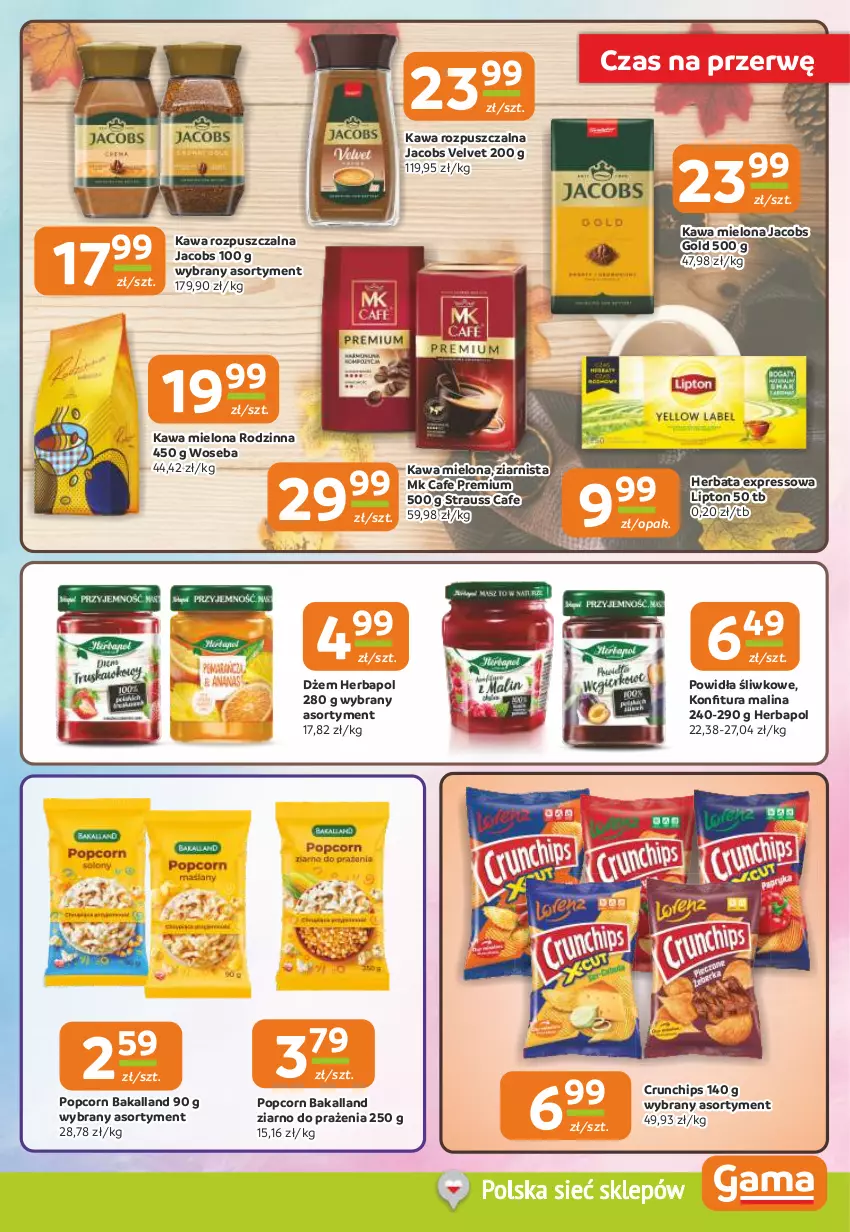 Gazetka promocyjna Gama - Gazetka Gama - ważna 17.10 do 29.10.2024 - strona 5 - produkty: Bakalland, Crunchips, Dżem, Herbapol, Herbata, Jacobs, Jacobs Velvet, Kawa, Kawa mielona, Kawa rozpuszczalna, Lipton, Popcorn, Velvet, Woseba