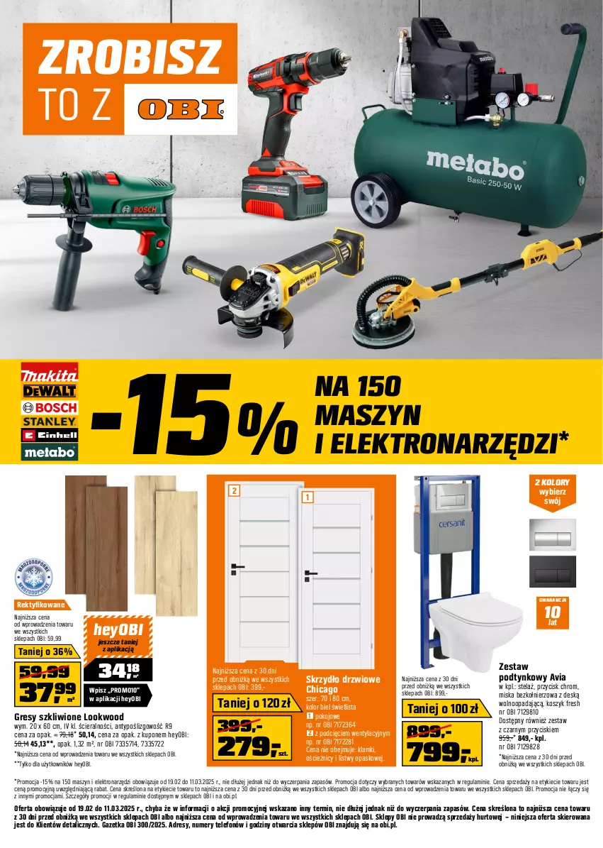 Gazetka promocyjna Obi - Gazetka OBI - ważna 19.02 do 11.03.2025 - strona 1 - produkty: Dres, Drzwi, Gres, Kosz, Miska, Skrzydło drzwiowe, Telefon