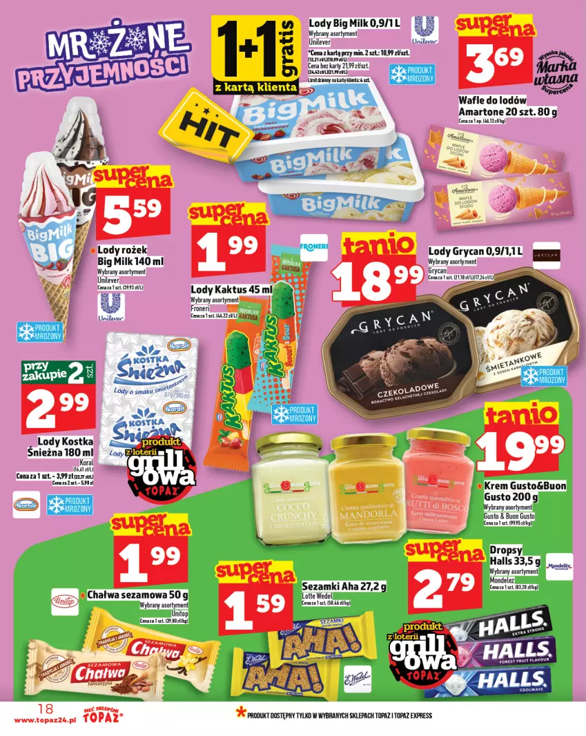Gazetka promocyjna Topaz - Gazetka - ważna 24.04 do 30.04.2025 - strona 18 - produkty: Big Milk, Chałwa, Fa, Fanta, Gry, Halls, Kaktus, Lody, Sezam, Top, Wafle, Wafle do lodów