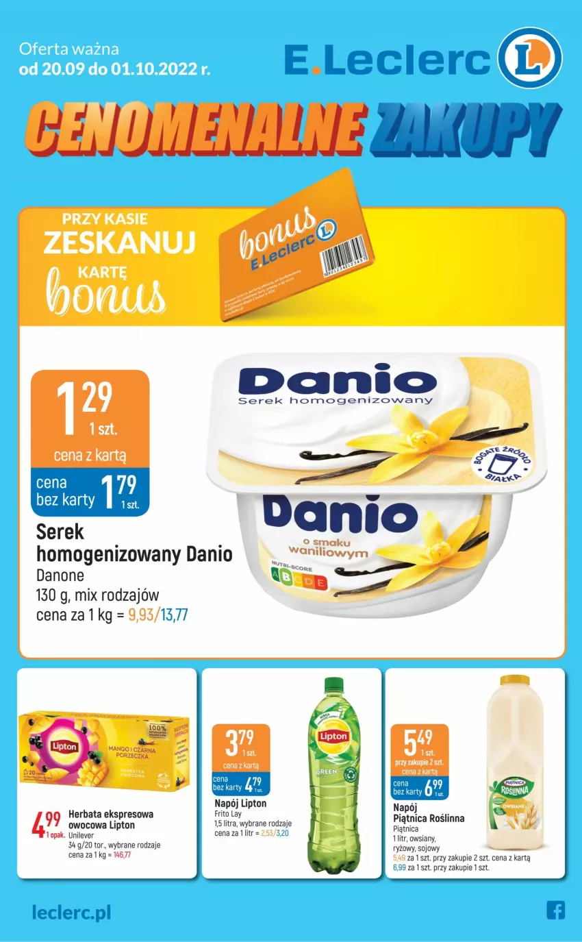 Gazetka promocyjna E Leclerc - ważna 20.09 do 01.10.2022 - strona 1 - produkty: Danio, Danone, Herbata, Lipton, Napój, Ser, Serek, Serek homogenizowany