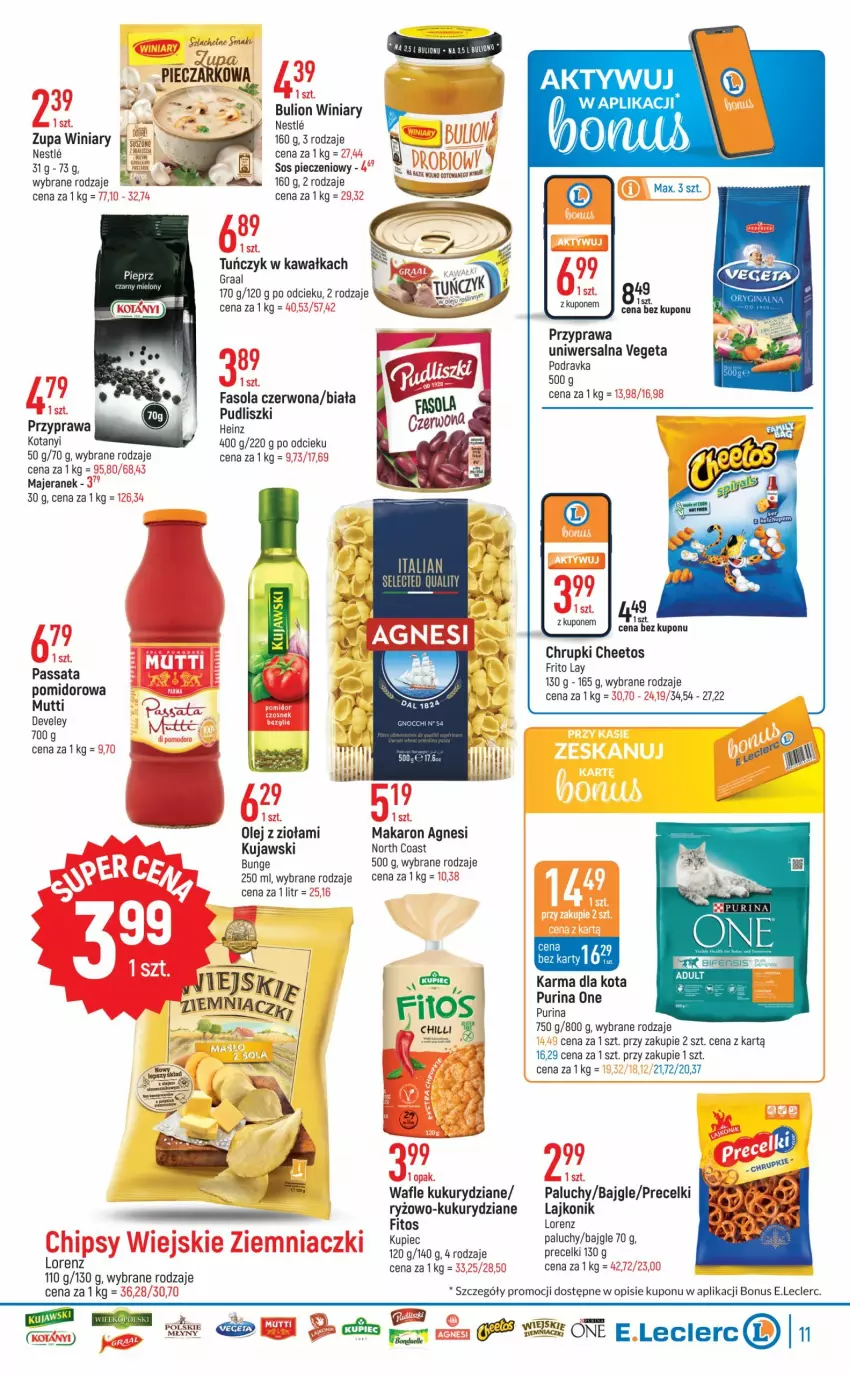 Gazetka promocyjna E Leclerc - ważna 20.09 do 01.10.2022 - strona 11 - produkty: Bajgle, Bulion, Cheetos, Chrupki, Fa, Fasola, Gnocchi, Gra, Graal, Heinz, Kawa, Kujawski, Kupiec, Lajkonik, Lion, Lorenz, Makaron, Olej, Piec, Pieprz, Podravka, Precelki, Przyprawa uniwersalna, Pudliszki, Pur, Purina, Ryż, Sos, Sos pieczeniowy, Tuńczyk, Vegeta, Wafle, Winiary, Zupa