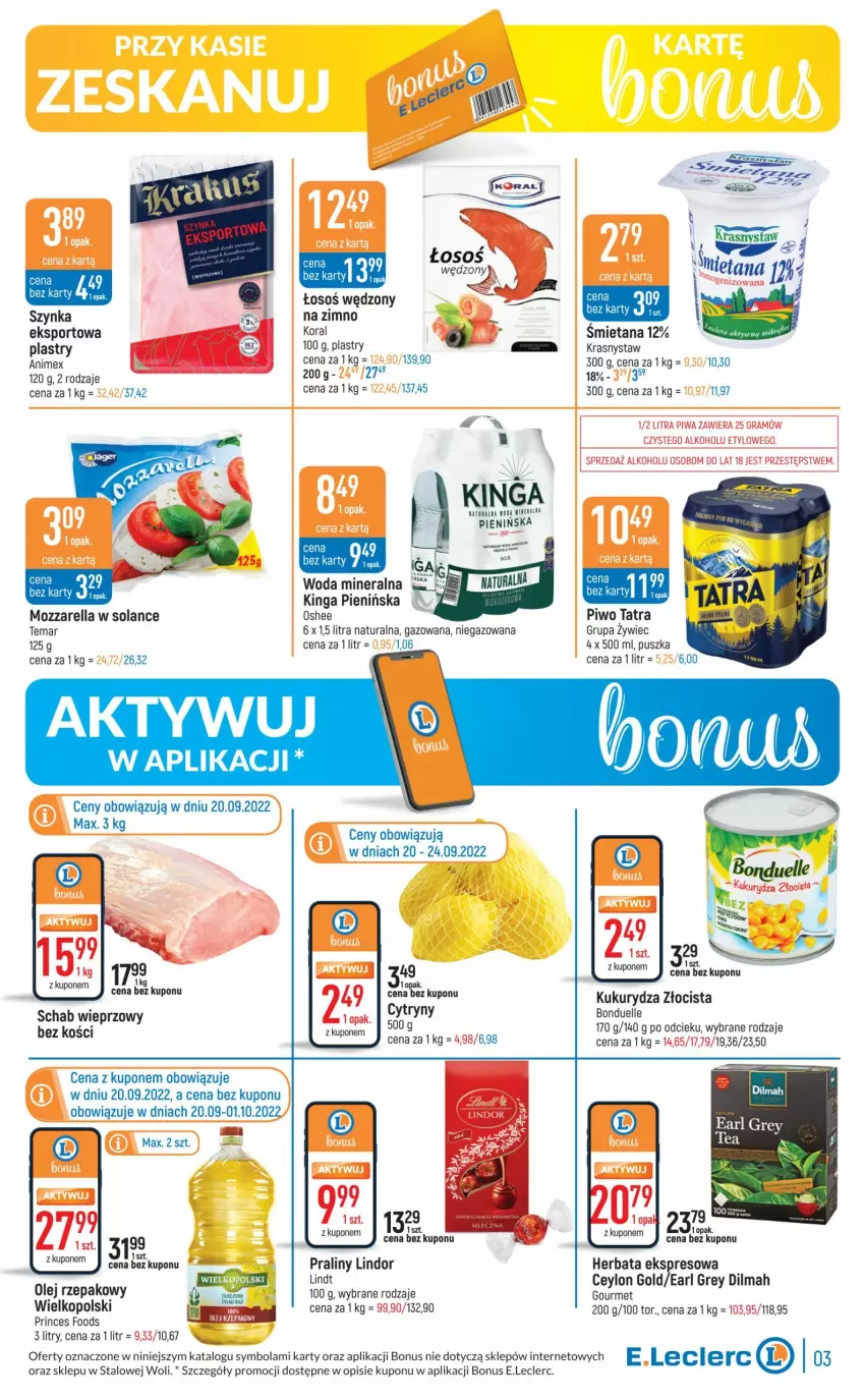 Gazetka promocyjna E Leclerc - ważna 20.09 do 01.10.2022 - strona 3 - produkty: Bonduelle, Cytryny, Dilmah, Earl Grey, Herbata, Kukurydza, Lindor, Lindt, Mozzarella, Olej, Olej rzepakowy, Oshee, Piwo, Por, Praliny, Schab wieprzowy, Solan, Sport, Szynka, Tatra, Top, Woda, Woda mineralna