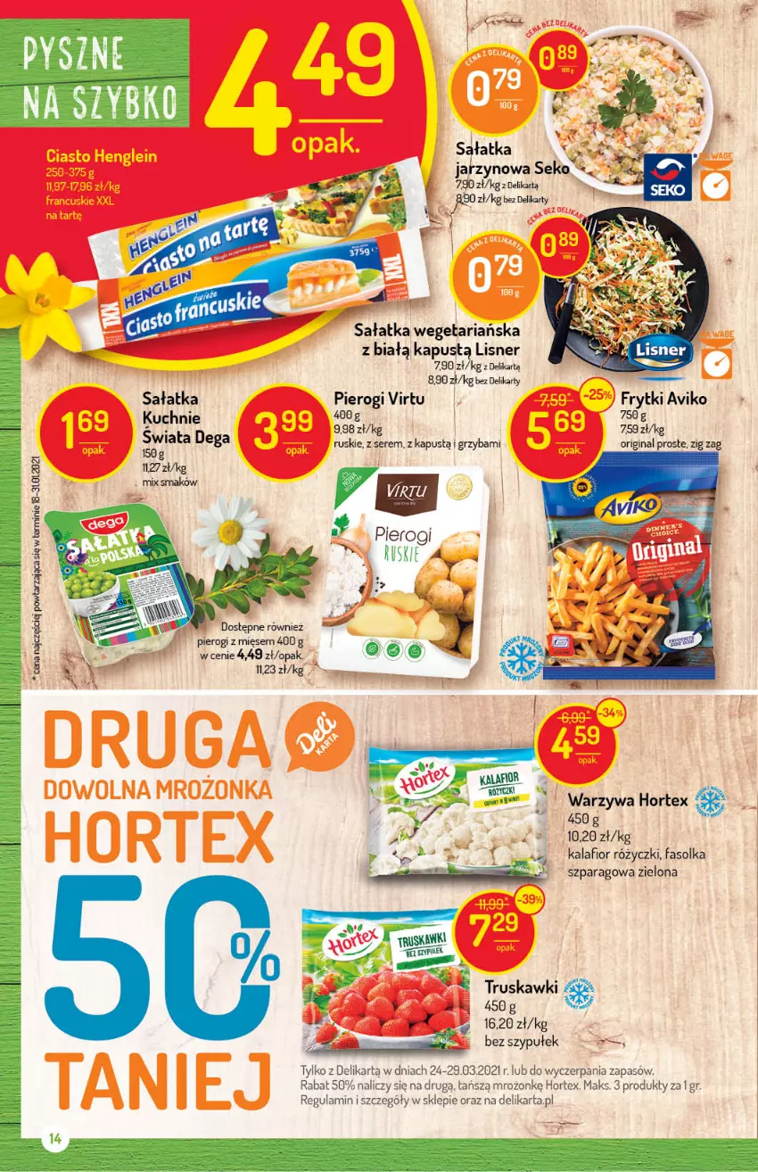 Gazetka promocyjna Delikatesy Centrum - Gazetka Delikatesy Centrum - ważna 24.03 do 29.03.2021 - strona 14 - produkty: Fa, Frytki, Gin, Hortex, Kalafior, Kapustą, Lisner, Pierogi, Sałat, Sałatka, SEKO, Ser, Virtu