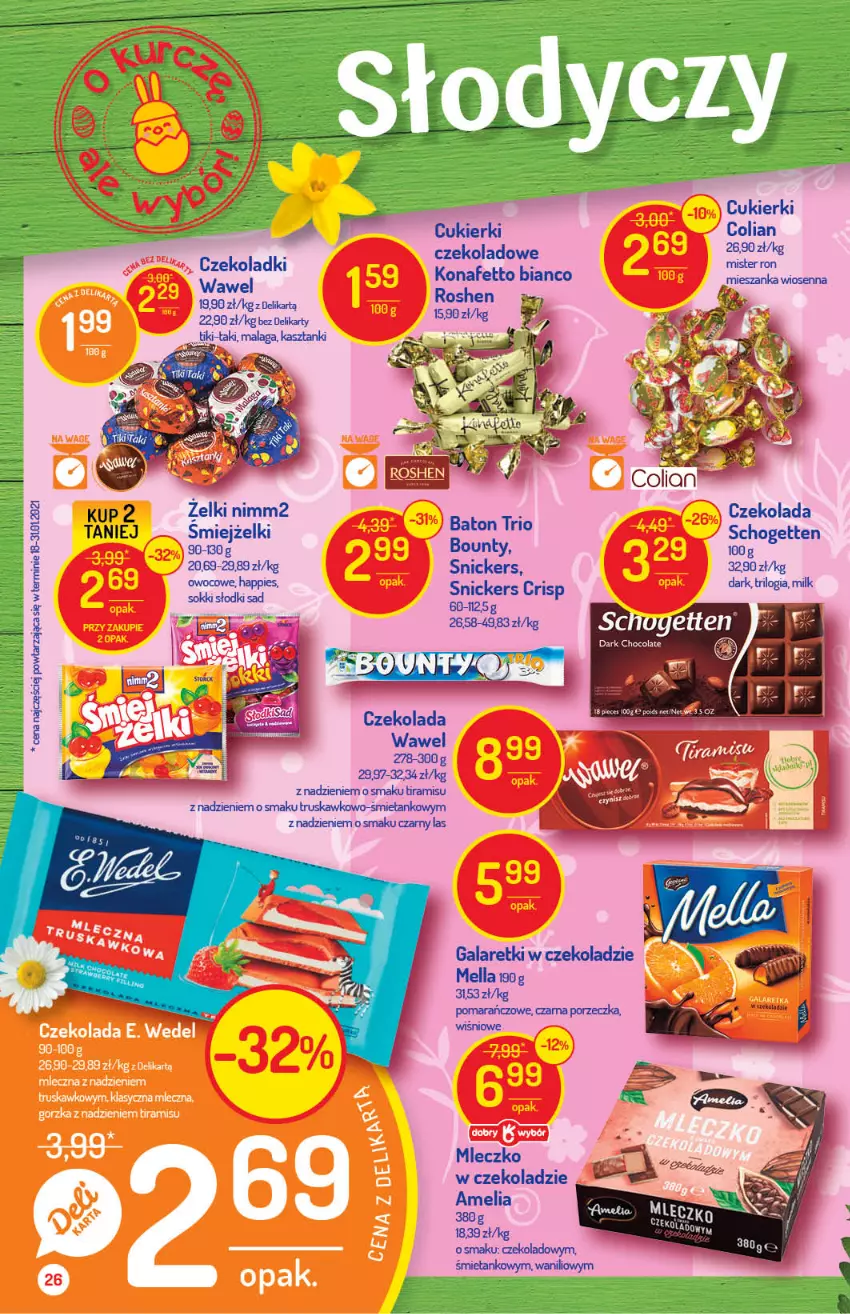 Gazetka promocyjna Delikatesy Centrum - Gazetka Delikatesy Centrum - ważna 24.03 do 29.03.2021 - strona 26 - produkty: Bounty, Cukier, Cukierki, Czekolada, Gala, Galaretki, Mleczko, Nimm2, Por, Schogetten, Snickers, Wawel