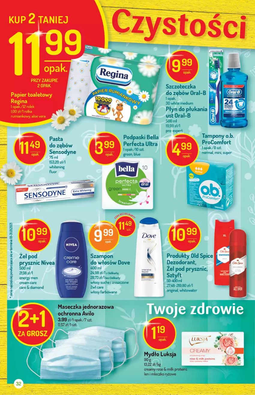 Gazetka promocyjna Delikatesy Centrum - Gazetka Delikatesy Centrum - ważna 24.03 do 29.03.2021 - strona 32 - produkty: Aloe vera, Bell, Bella, Dezodorant, Dove, Fa, Gin, Luksja, Mleczko, Mydło, Nivea, O.B., Old Spice, Oreo, Papier, Papier toaletowy, Perfecta, Płyn do płukania, Podpaski, Rum, Ryż, Sensodyne, Szampon, Szczoteczka, Szczoteczka do zębów, Tampony