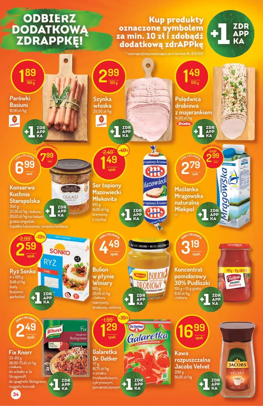 Gazetka promocyjna Delikatesy Centrum - Gazetka Delikatesy Centrum - ważna 24.03 do 29.03.2021 - strona 34 - produkty: Dr. Oetker, Duda, Gala, Galaretka, Gra, Jacobs, Jacobs Velvet, Kawa, Kiełbasa, Knorr, Kurczak, Maślanka, Mleko, Mlekovita, Parówki, Polędwica, Pudliszki, Top, Velvet, Winiary