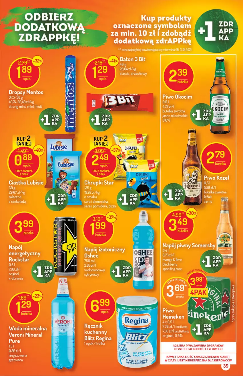 Gazetka promocyjna Delikatesy Centrum - Gazetka Delikatesy Centrum - ważna 24.03 do 29.03.2021 - strona 35 - produkty: Baton, Chrupki, Ciastka, Fa, Gin, Gra, Heineken, Koc, Kozel, Lubisie, Mango, Mentos, Napój, Napój izotoniczny, Okocim, Piec, Piwa, Piwo, Pur, Ser, Somersby, Woda