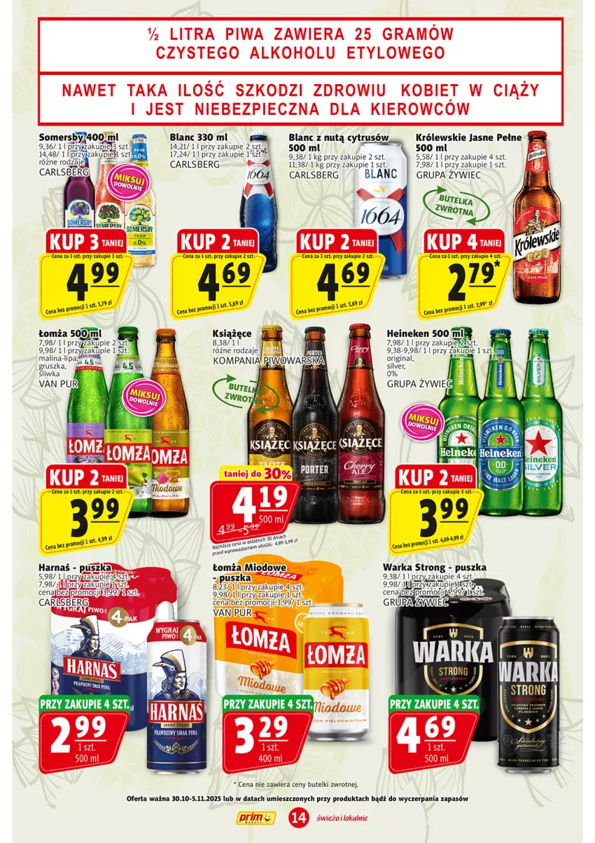 Gazetka promocyjna Prim Market - ważna 30.10 do 05.11.2025 - strona 14 - produkty: Carlsberg, Gin, Harnaś, Heineken, Królewski, Książęce, Pur, Somersby, Warka