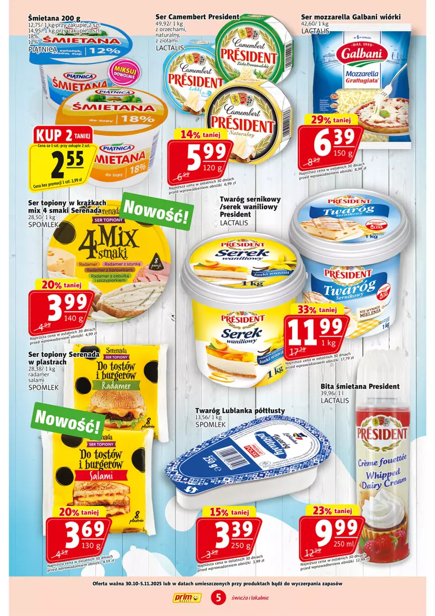 Gazetka promocyjna Prim Market - ważna 30.10 do 05.11.2025 - strona 5 - produkty: Camembert, Galbani, Gra, Mozzarella, Ser, Ser topiony, Serek, Top, Twaróg