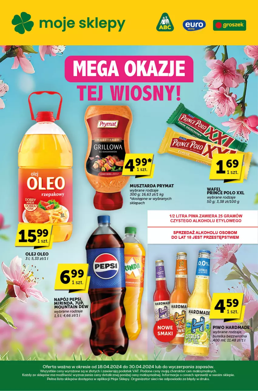 Gazetka promocyjna ABC - ważna 18.04 do 30.04.2024 - strona 1 - produkty: 7up, Mirinda, Mus, Musztarda, Olej, Oleo, Pepsi, Piwo, Prymat