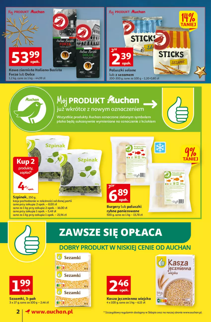 Gazetka promocyjna Auchan - Gazetka Koszyk Oszczędności Auchan Supermarkety - ważna 17.11 do 23.11.2022 - strona 2 - produkty: Burger, Kasza, Kasza jęczmienna, Kawa, Kawa ziarnista, Paluszki rybne, Sezam, Szpinak