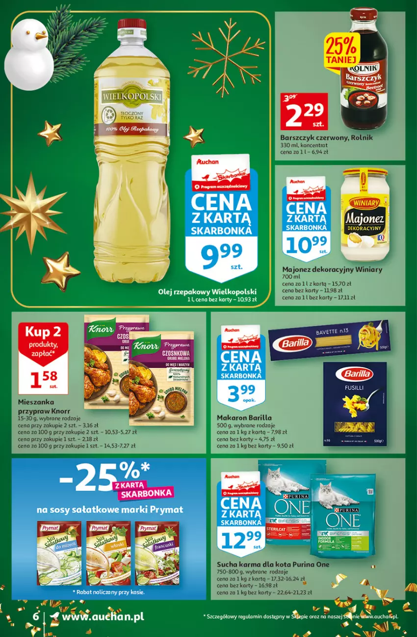 Gazetka promocyjna Auchan - Gazetka Koszyk Oszczędności Auchan Supermarkety - ważna 17.11 do 23.11.2022 - strona 6 - produkty: Barilla, Fa, Knorr, Majonez, Makaron, Olej, Olej rzepakowy, Pur, Purina, Rolnik, Sucha karma, Winiary