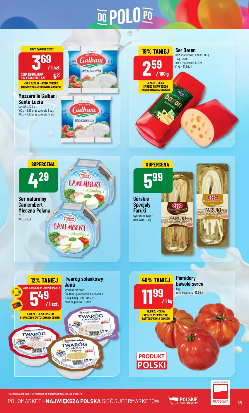 Gazetka promocyjna PoloMarket - Gazetka pomocyjna - ważna 29.05 do 04.06.2024 - strona 15 - produkty: Camembert, Fa, Galbani, Lack, LANA, Mleko, Mlekovita, Mozzarella, Pomidory, Ser, Solan, Twaróg