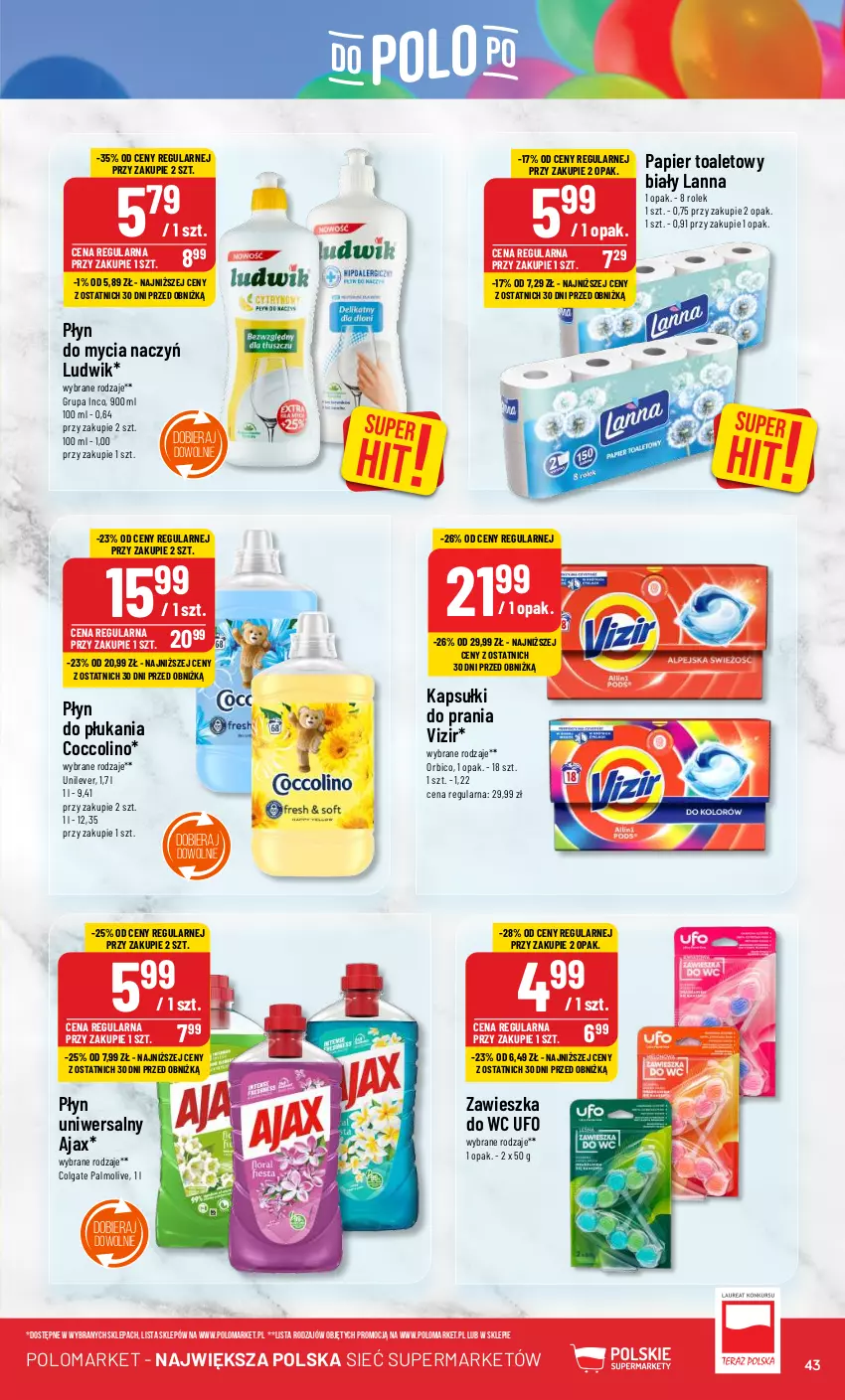 Gazetka promocyjna PoloMarket - Gazetka pomocyjna - ważna 29.05 do 04.06.2024 - strona 43 - produkty: Ajax, BIC, Coccolino, Colgate, Do mycia naczyń, Kapsułki do prania, LG, Ludwik, Palmolive, Papier, Papier toaletowy, Płyn do mycia, Płyn do mycia naczyń, Płyn do płukania, Vizir, Zawieszka do wc