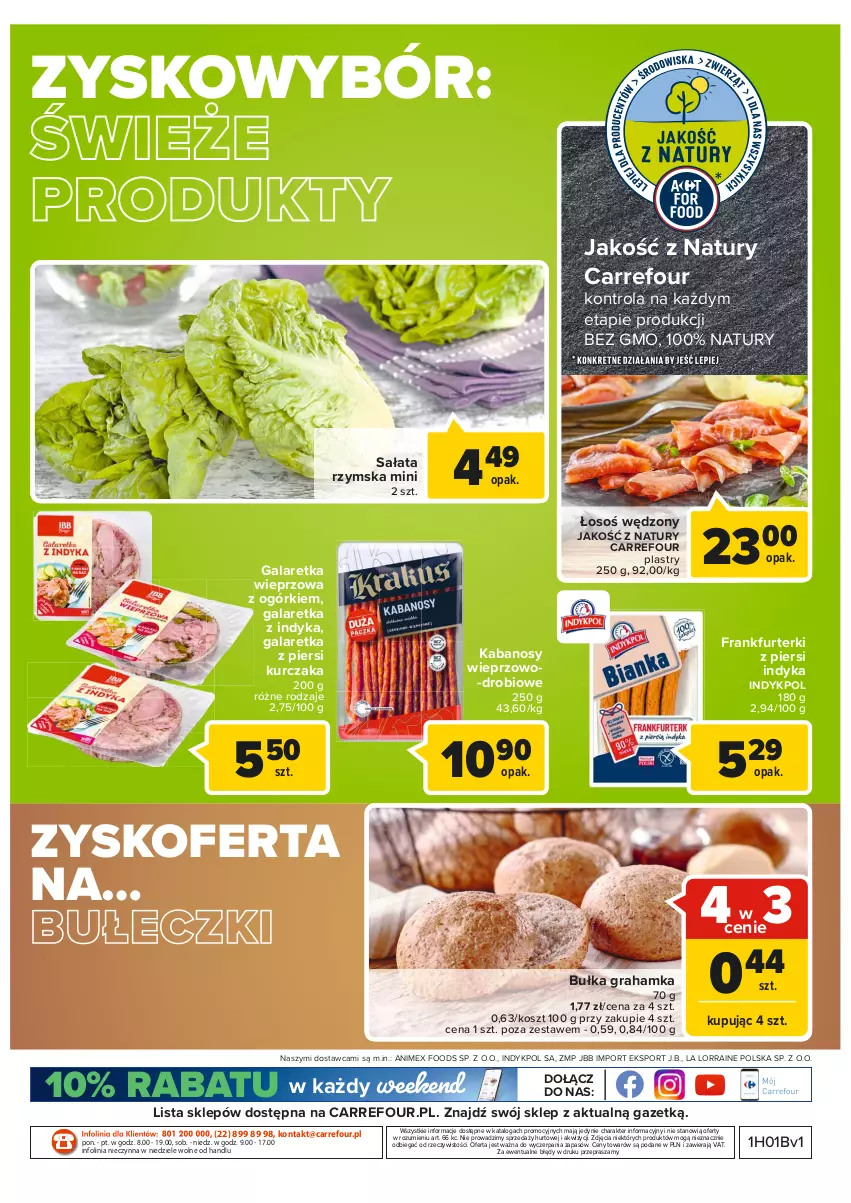 Gazetka promocyjna Carrefour - Gazetka Carrefour Targ świeżości - ważna 04.01 do 10.01.2022 - strona 4 - produkty: Bułeczki, Bułka, Bułka grahamka, Frankfurterki, Gala, Galaretka, Gra, Kabanos, Kosz, Kurczak, O nas, Por, Sałat, Sport