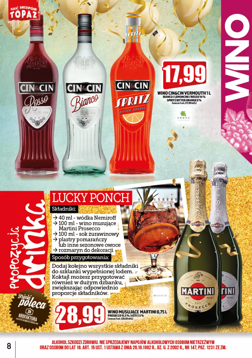 Gazetka promocyjna Topaz - Gazetka - ważna 02.01 do 31.01.2023 - strona 8 - produkty: Lanki, Martini, Mus, Olej, Owoce, Por, Prosecco, Sok, Wino, Wino musujące, Wódka