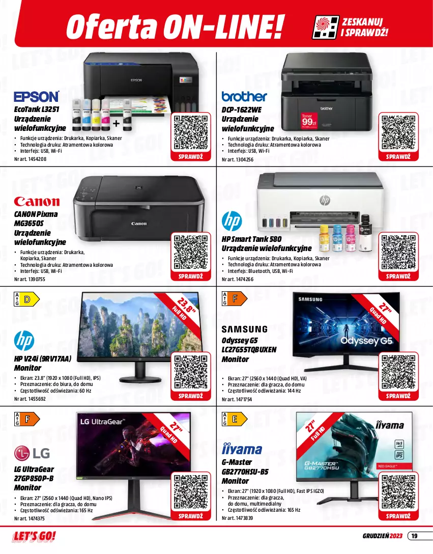 Gazetka promocyjna Media Markt - Gazetka Media Markt - ważna 01.12 do 31.12.2023 - strona 19 - produkty: Canon, Drukarka, Fa, Gra, HP, LG, Monitor, Skaner, Urządzenie wielofunkcyjne