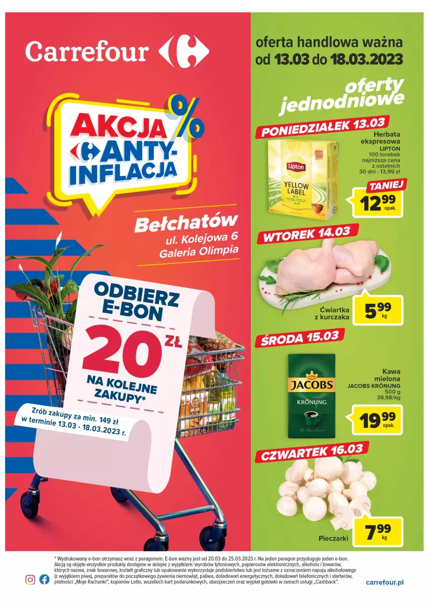 Gazetka promocyjna Carrefour - Gazetka Carrefour Bełchatów - ważna 13.03 do 18.03.2023 - strona 1 - produkty: Gra, Herbata, Jacobs, Kawa, Kawa mielona, Kurczak, Lipton, Papier, Piec, Piwa, Rama, Telefon