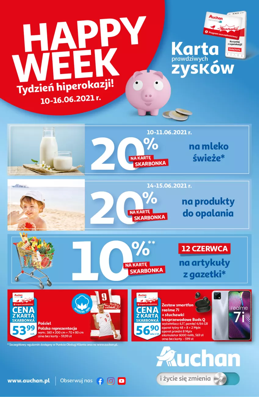 Gazetka promocyjna Auchan - Skarbonka #23 - ważna 10.06 do 16.06.2021 - strona 1 - produkty: Akumulator, Mleko, Pościel, Słuchawki, Smartfon