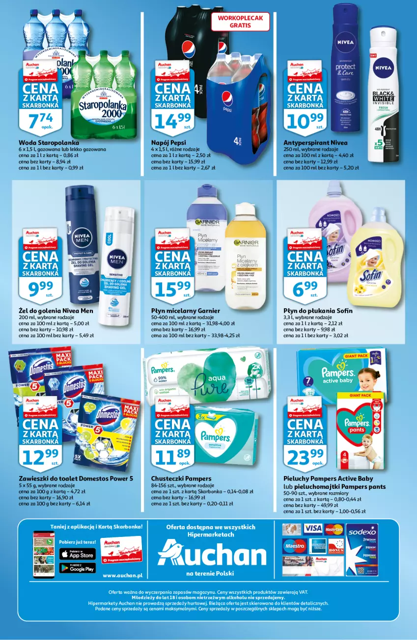 Gazetka promocyjna Auchan - Skarbonka #23 - ważna 10.06 do 16.06.2021 - strona 4 - produkty: Antyperspirant, Chusteczki, Domestos, Fa, Garnier, Gra, Lack, Majtki, Napój, Nivea, Nivea Men, Olej, Pampers, Pepsi, Pieluchomajtki, Pieluchy, Plecak, Płyn do płukania, Płyn micelarny, Staropolanka, Woda, Zawieszki