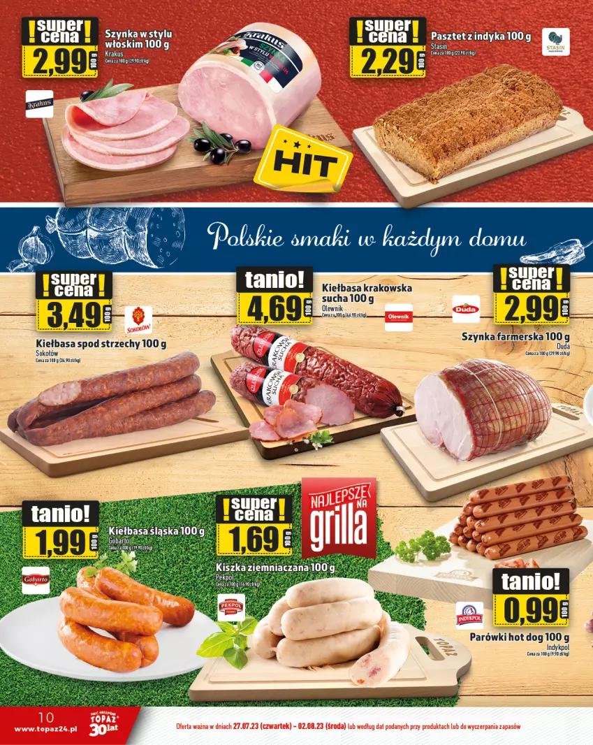 Gazetka promocyjna Topaz - Gazetka - ważna 27.07 do 02.08.2023 - strona 10 - produkty: Hot dog, Kiełbasa, Parówki, Parówki hot dog, Sok, Sokołów